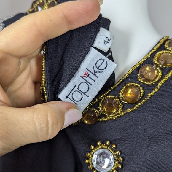 Vintage 90s Black Embellished Top Gold Beaded Sequin Statement Shirt - Picture 9 of 9